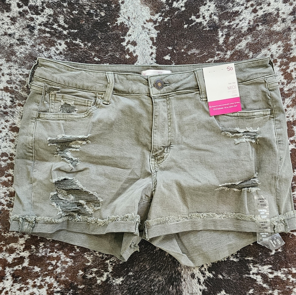 SO Women's Distressed Olive Shorts